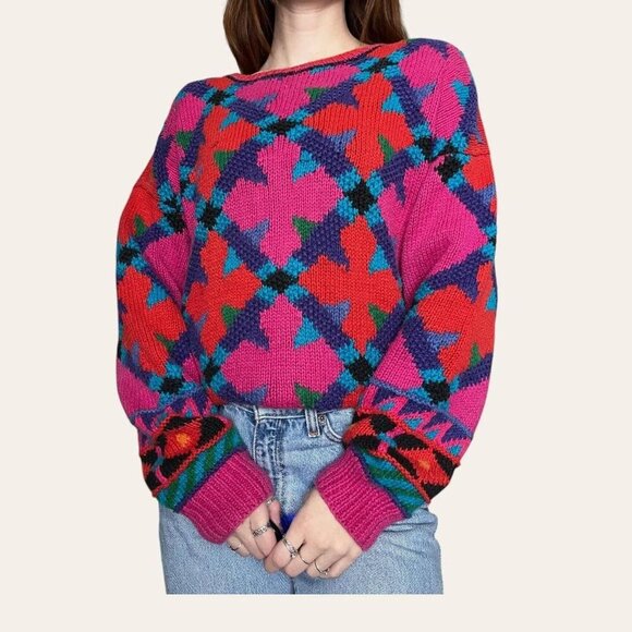 80s/90s funky patterned vintage geometric colorful vibrant knit sweater Large - Picture 3 of 8
